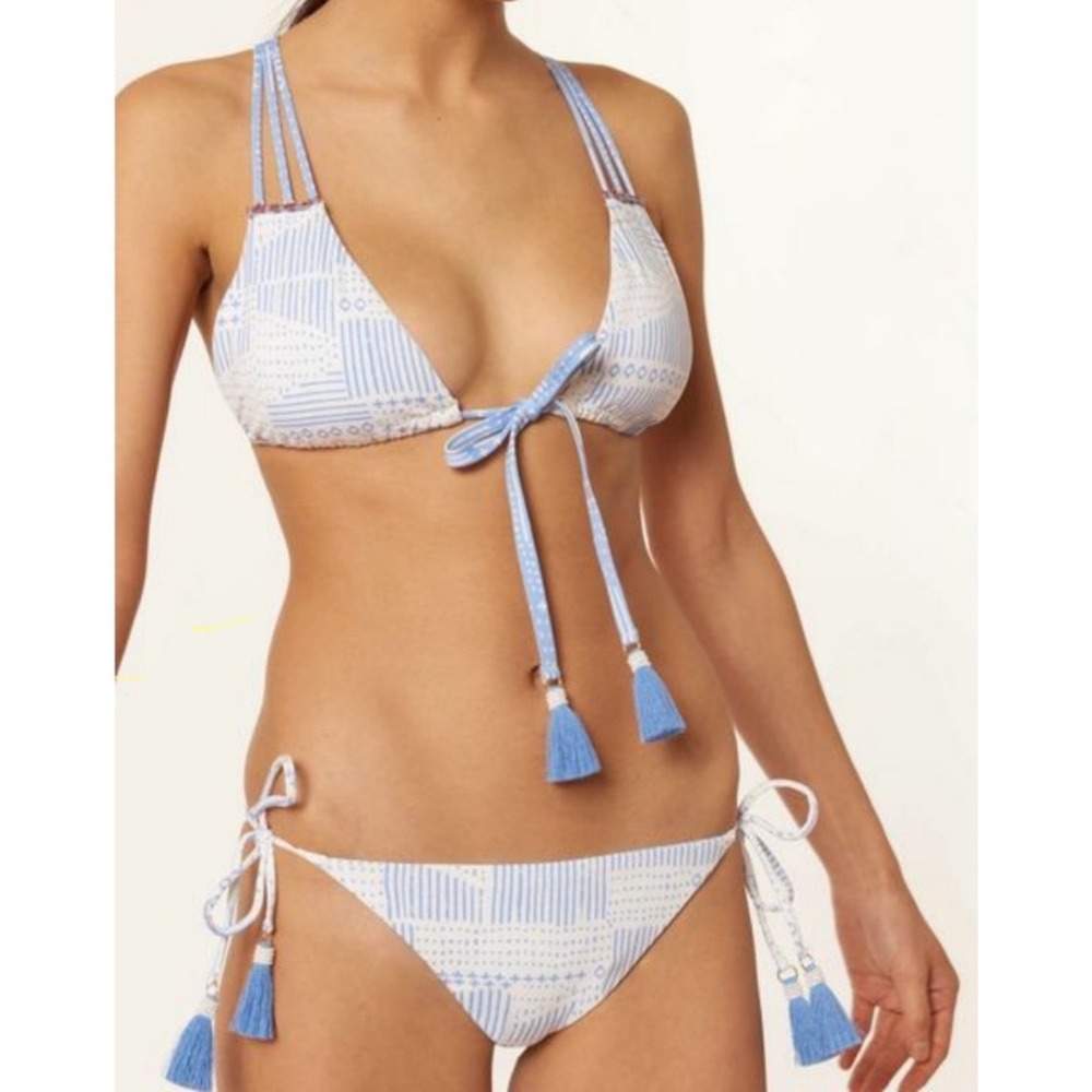 Dolce Vita Reversible Bikini Set Chambray Blue White Tassel Beaded Swimsuit Med